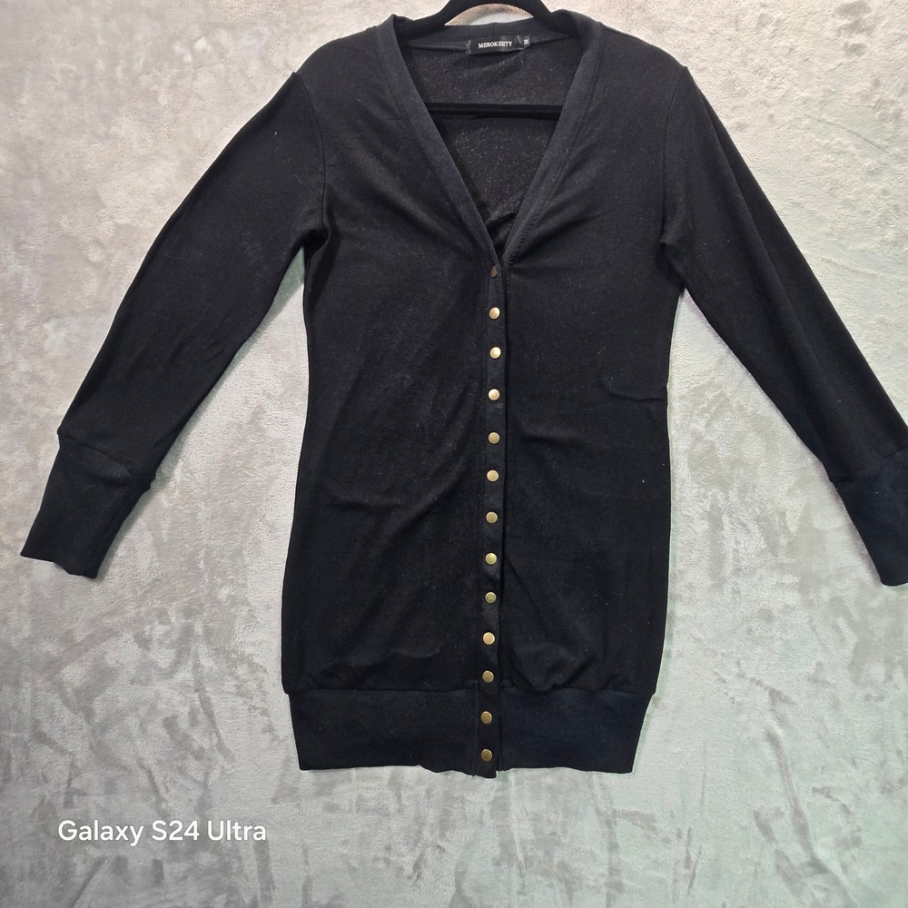 Merokeety Black Snap Front Longline Cardigan V-Neck Ribbed Cuff Sweater Medium